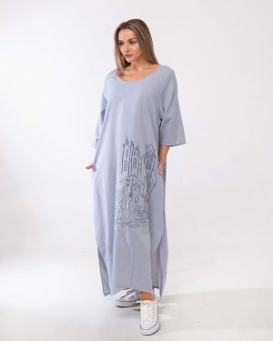 Сукня з льону з вишивкою Місто, модель НГ-3, сірого кольору