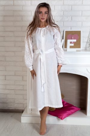 Сукня вишита “Чернігівська” з льону, модель Д-88-2, білого кольору