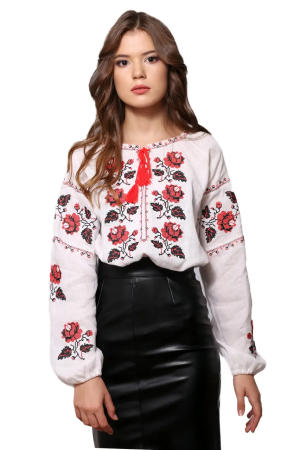 Жіноча українська вишиванка з трояндами білий льон, червоно-чорна вишивка