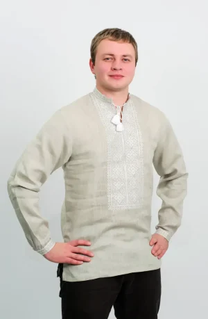 Чоловіча сорочка вишиванка з льону з довгим рукавом бежевого кольору з білою вишивкою