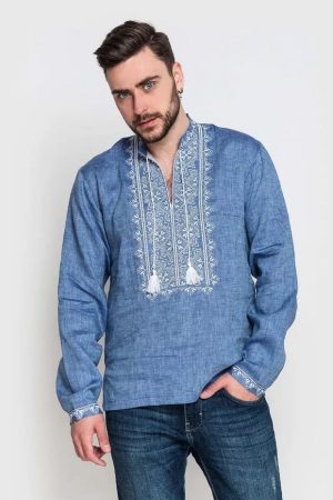 Чоловіча сорочка вишиванка — льон джинс