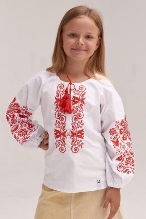 Блуза для девочки «Орнамент» белая с красным