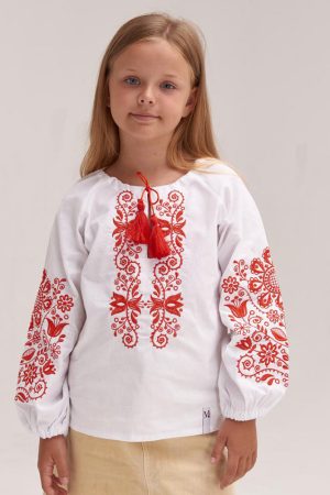Блуза для девочки «Орнамент» белая с красным