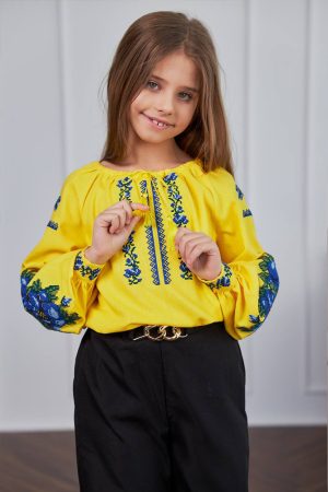 Вышиванка для девочек «Пионы» желтая, льняная, длинный рукав.