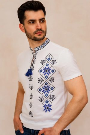 Футболка вышиванка мужская Светояр (белая с синим)