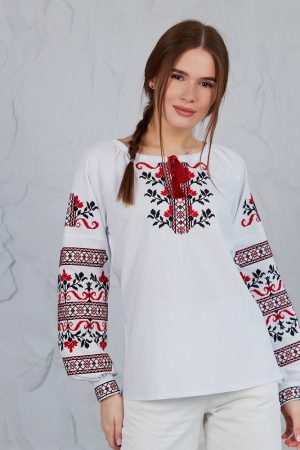 Женская вышитая рубашка «Виктория» белая, льняная, длинный рукав