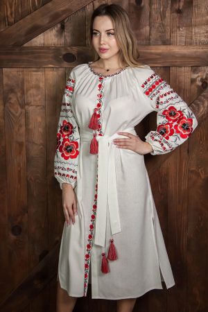 Женское вышитое платье «Огненный лепесток» (белое)