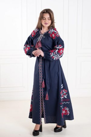 Вышитое платье «Пражский букет» (синяя с вишнёвым)
