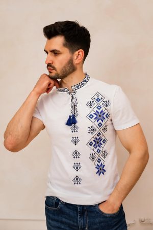 Футболка вышиванка мужская Светояр (белая с синим)