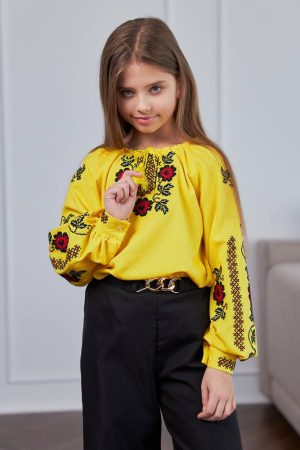 Вишиванка для дівчинки «Півонія» (жовта) довгий рукав