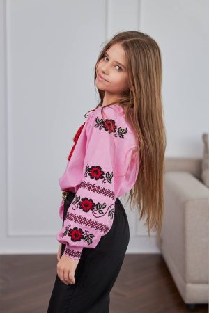Вышиванка для девочки «Пион» (розовая), длинный рукав.