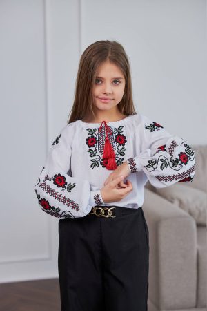 Вишиванка для дівчинки «Півонія» (біла) | Дитяча сорочка з довгим рукавом