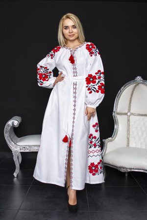 Вышитое платье «Парижский букет» (белый с красным)