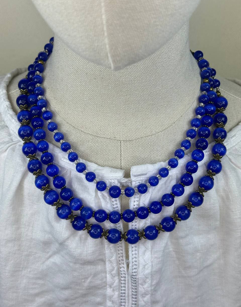 Традиційне трирядне намисто з натурального каменю «Котяче око» — ручна робота Традиційне трирядне намисто з натурального каменю «Котяче око» — ручна робота