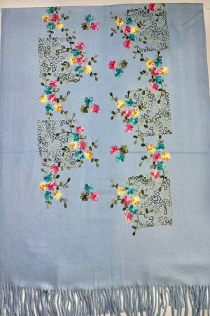 Палантин / шарф кашемировый вышитый голубой тёплый мягкий 100% кашемир 70×200 см