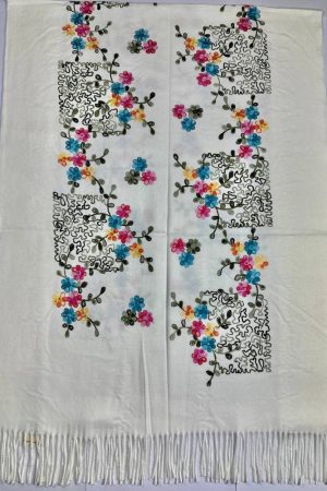 Палантин / шарф кашемировый вышитый белый тёплый мягкий 100% кашемир 70×200 см