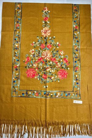 Палантин / шарф кашемировый вышитый горчичный тёплый мягкий 100% кашемир 70×200 см