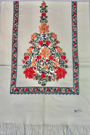 Палантин / шарф кашемировый вышитый молочный тёплый мягкий 100% кашемир 70×200 см