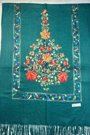 Палантин / шарф кашемировый вышитый изумрудный тёплый мягкий 100% кашемир 70×200 см