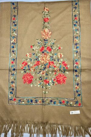 Палантин / шарф кашемировый вышитый бежевый тёплый мягкий 100% кашемир 70×200 см