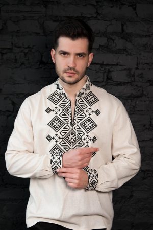 Вишиванка чоловіча «Полковник плюс» біла з синьою вишивкою, довгий рукав, машинна вишивка хрестиком Вишиванка чоловіча «Полковник плюс» біла з синьою вишивкою, довгий рукав, машинна вишивка хрестиком