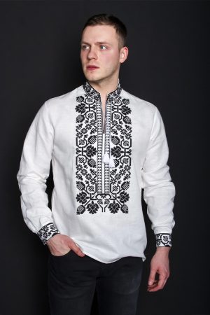 Вишиванка чоловіча «Всеволод» лляна біла з синьою вишивкою, машинна вишивка хрестиком, довгі рукави Вишиванка чоловіча «Всеволод» лляна біла з синьою вишивкою, машинна вишивка хрестиком, довгі рукави