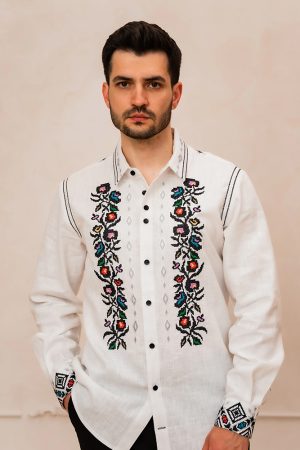 Вишиванка чоловіча «Мирослав» лляна біла з кольоровою вишивкою, машинна вишивка хрестиком, довгий рукав Вишиванка чоловіча «Мирослав» лляна біла з кольоровою вишивкою, машинна вишивка хрестиком, довгий рукав