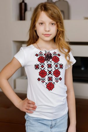 Футболка-вышиванка для девочки «Цветочный ритм» белая с вишнёвой вышивкой, трикотаж Футболка-вышиванка для девочки «Цветочный ритм» белая с вишнёвой вышивкой, трикотаж