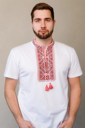 Футболка вишиванка чоловіча «Традиція» — біла з червоною вишивкою, бавовняна Футболка вишиванка чоловіча «Традиція» — біла з червоною вишивкою, бавовняна