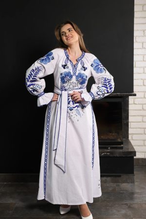 Вишита сукня жіноча «Либідь» лляна біла з синьою вишивкою, довгі рукави, пояс