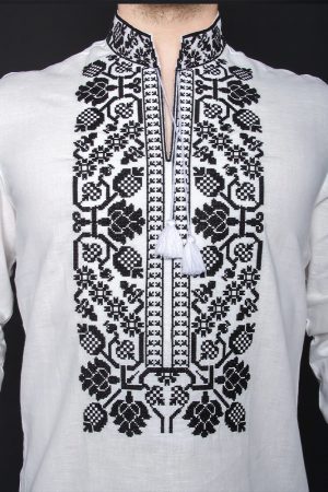 Вишиванка чоловіча «Всеволод» лляна біла з чорною вишивкою, машинна вишивка хрестиком, довгий рукав