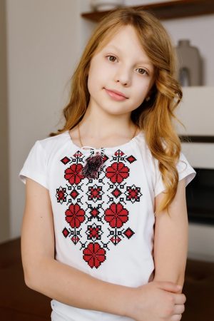 Футболка-вышиванка для девочки «Цветочный ритм» белая с вишнёвой вышивкой, трикотаж