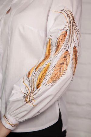 Жіноча вишита сорочка «Золотава грація» біла з колосками, сорочкова тканина