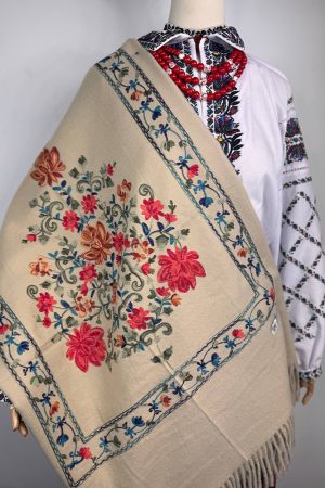 Палантин / шарф кашеміровий вишитий бежевий теплий м’який 100% кашемір 70×200 см