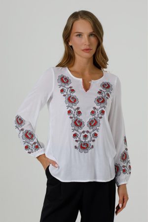 Блуза жіноча “Цвітана” (батист білий, червона вишивка)