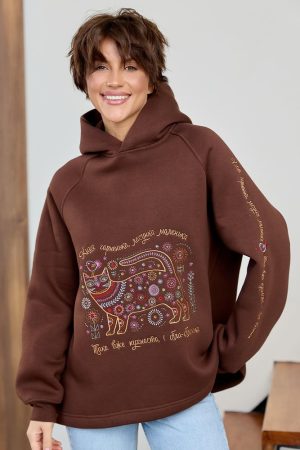 Тепле жіноче худі з котиком – коричневого кольору, оверсайз, з вишивкою
