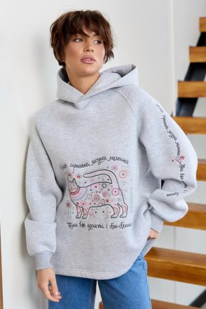 Тепле жіноче худі з котиком – кольору сірий меланж, оверсайз, з вишивкою