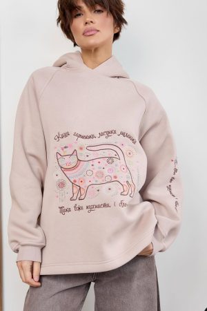 Тепле жіноче худі з котиком – бежевого кольору, оверсайз, з вишивкою