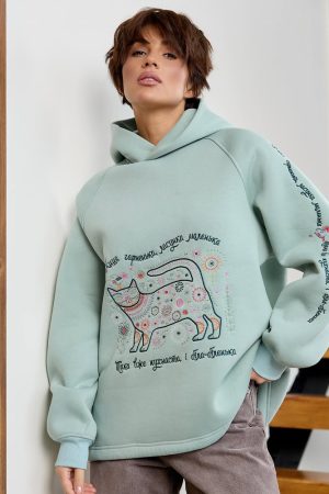 Тепле жіноче худі з котиком – м’ятного кольору, оверсайз, з вишивкою