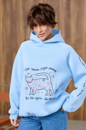 Тепле жіноче худі з котиком – блакитного кольору, оверсайз, з вишивкою