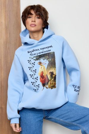 Женское худи с принтом Шевченко — тёплое, оверсайз, турецкая ткань, голубое