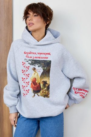 Женское худи с принтом Шевченко — тёплое, оверсайз, турецкая ткань, серый меланж