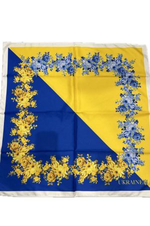 Хустка Українська патріотична зі штучного шовку з квітковою рамкою у синьо-жовтому стилі Хустка Українська патріотична зі штучного шовку з квітковою рамкою у синьо-жовтому стилі