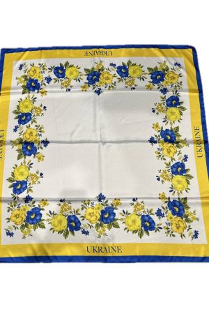 Хустка Українська патріотична зі штучного шовку з квітковою рамкою у синьо-жовтому стилі Хустка Українська патріотична зі штучного шовку з квітковою рамкою у синьо-жовтому стилі
