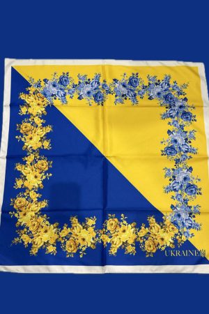 Хустка Українська патріотична зі штучного шовку з квітковою рамкою у синьо-жовтому стилі