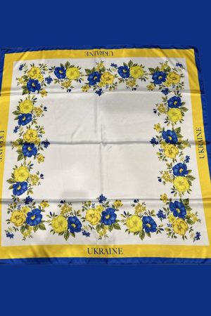 Хустка Українська патріотична зі штучного шовку з квітковою рамкою у синьо-жовтому стилі