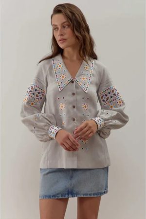 Вишиванка жіноча Подільська світла — лляна сорочка з автентичним подільським орнаментом, довгий рукав, модель 5065 Вишиванка жіноча Подільська світла — лляна сорочка з автентичним подільським орнаментом, довгий рукав, модель 5065