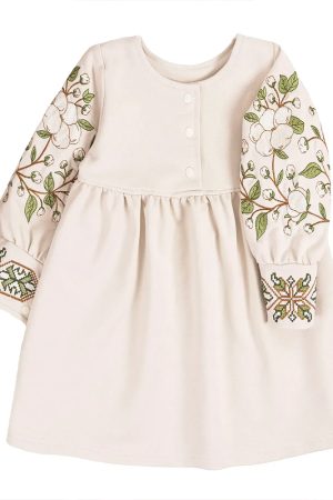 Детское вышитое платье для девочки «Хлопок» с длинным рукавом, кремовое