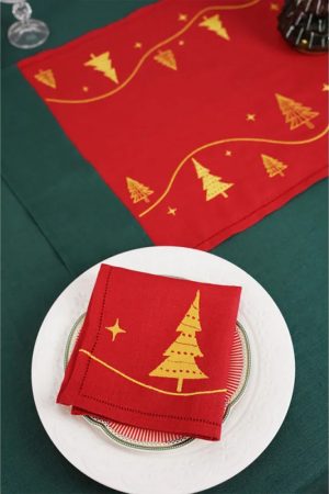 Набір новорічних серветок Ялинки 6 шт — червоні льняні серветки з вишивкою, святковий текстиль 32×32 см Набір новорічних серветок Ялинки 6 шт — червоні льняні серветки з вишивкою, святковий текстиль 32×32 см