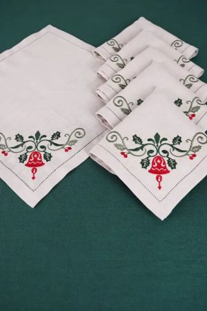 Святкові лляні серветки з вишивкою — набір 6 шт., 38×38 см, бежевий льон Святкові лляні серветки з вишивкою — набір 6 шт., 38×38 см, бежевий льон